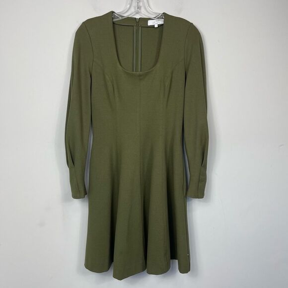 Pearl by Lela Rose Ponte Square Neck Dress Olive Green Long Sleeve A Line 0 Rare - Picture 10 of 16